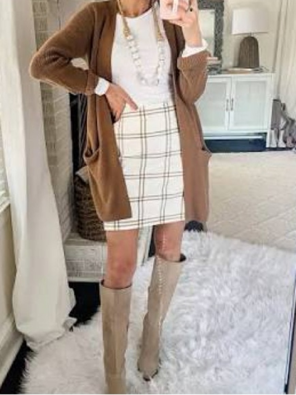 Wool Cream Plaid A-Line Skirt